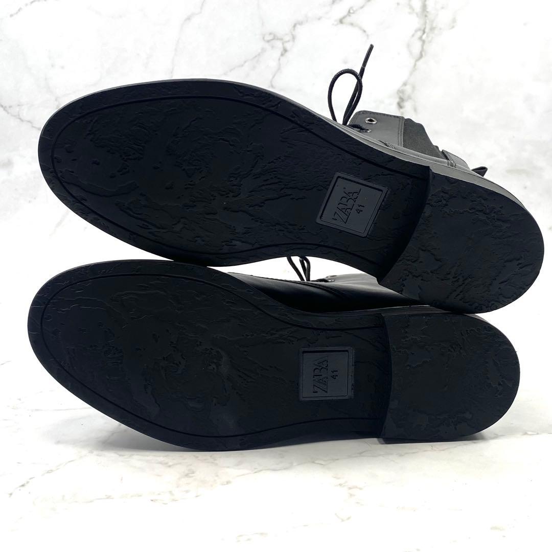 【新品級】 ZARA レースアップブーツ サイドゴアブーツ 黒 レザー 26.5