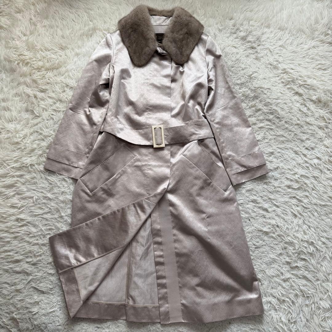 最高級Lサイズ ルイヴィトン　ロングコート　モノグラム総柄　シルク　ミンクファー