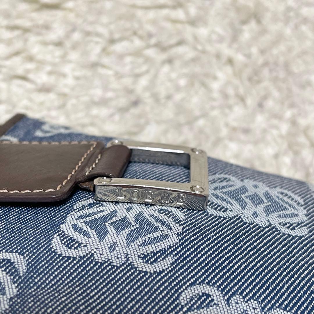 ロエベ　ショルダーバッグ　リピート　アナグラム　デニムキャンバス　レザー　青　茶