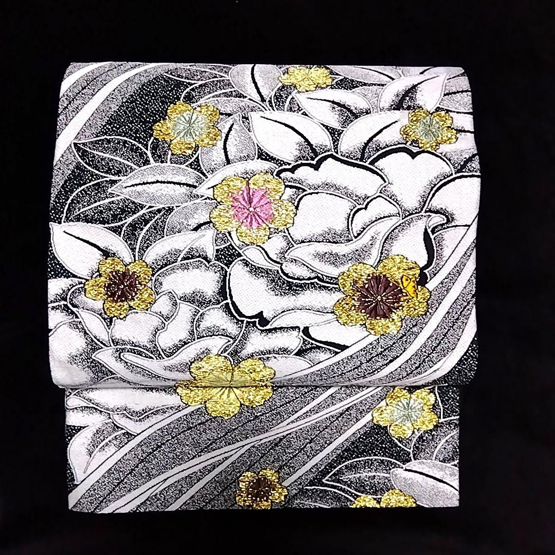 訪問着 着物セット 刺繍 銀通し 袋帯 絞り 白 灰色 グレー