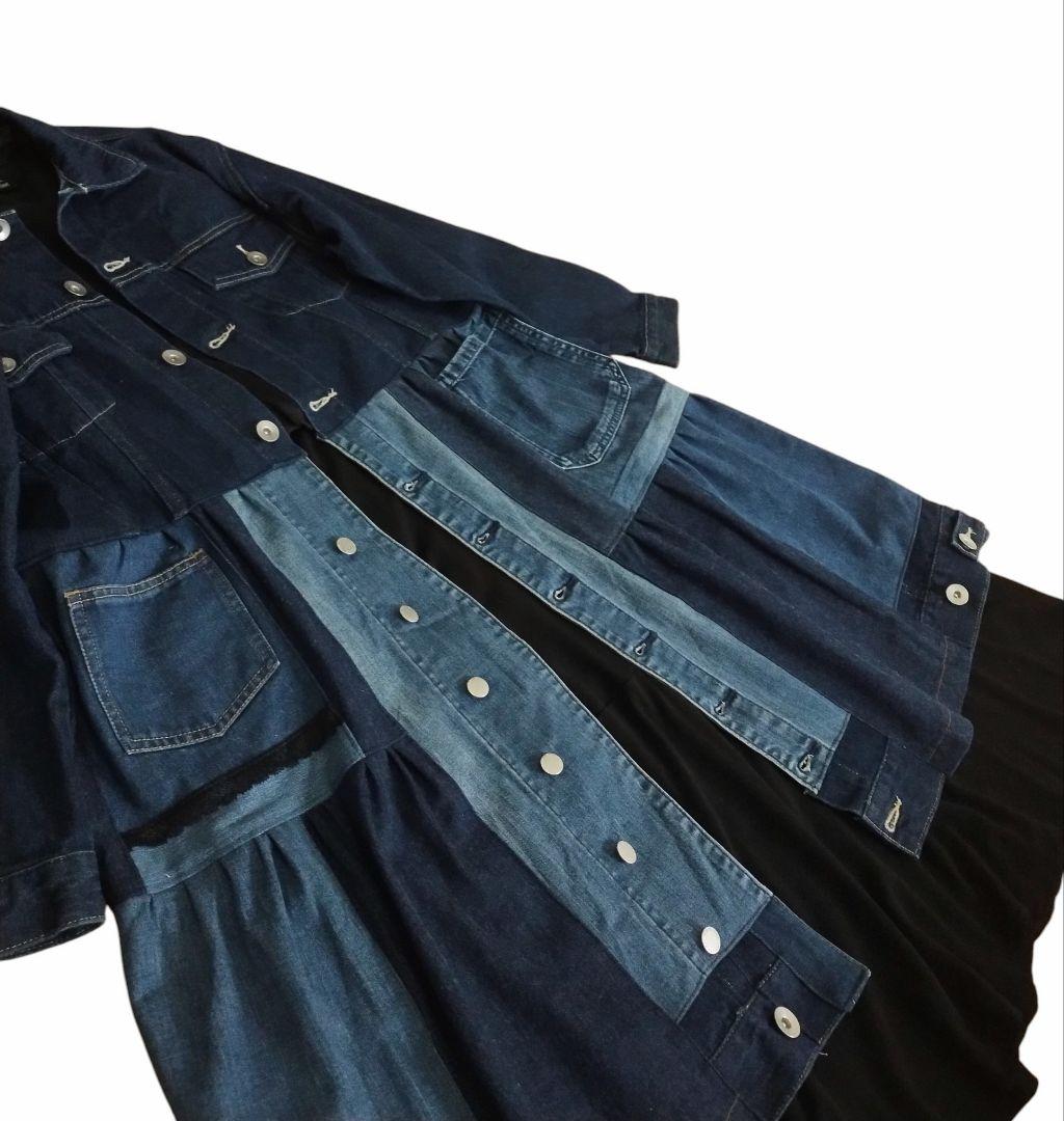 古着リメイク　編み上げリボンのの可愛いGジャンデニムリメイクロングジャケット